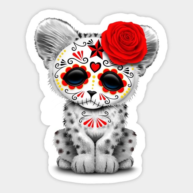 Red Day of the Dead Sugar Skull Snow Leopard Cub Sticker by jeffbartels